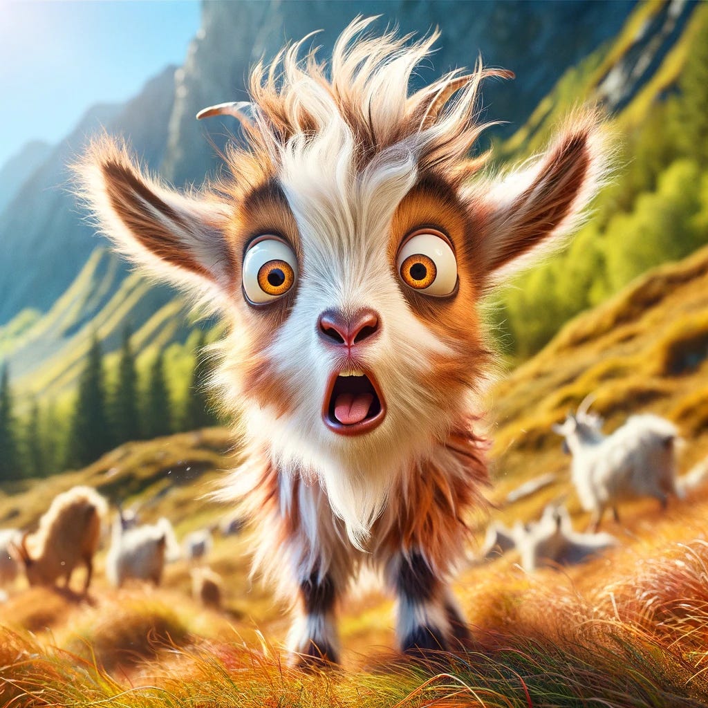A humorous image of a startled wild goat. The goat, with wide, surprised eyes and an exaggerated expression, stands in a natural, wild setting, perhaps with mountains or a forest in the background. Its fur is fluffy and a mix of white and brown, and it looks as if it's been caught in the middle of doing something silly or unexpected. The scene is bright and colorful, capturing the playful and whimsical nature of the moment.
