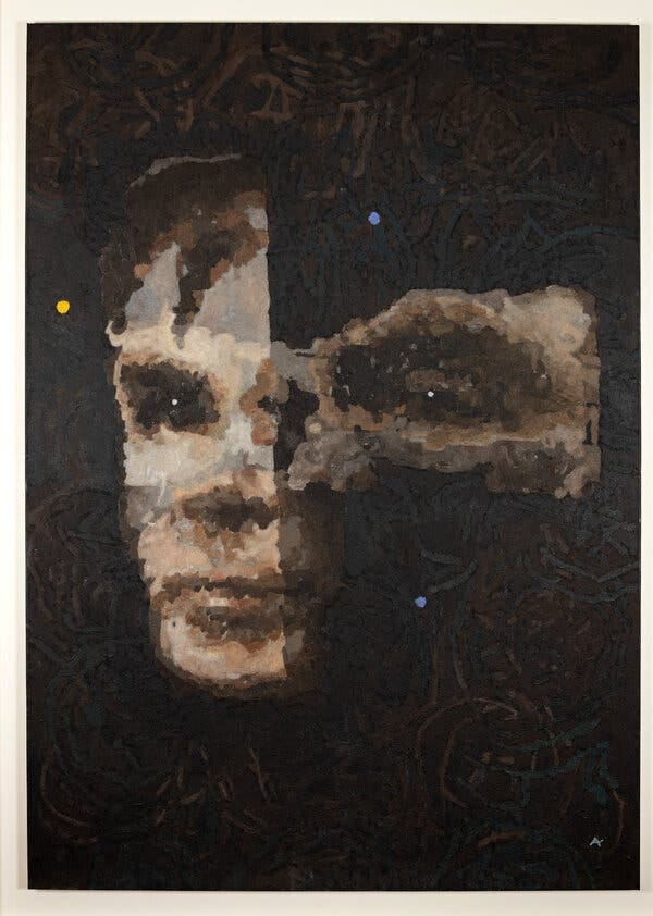 A semiabstract portrait of the mathematician Alan Turing shows half his face set against a dark background.