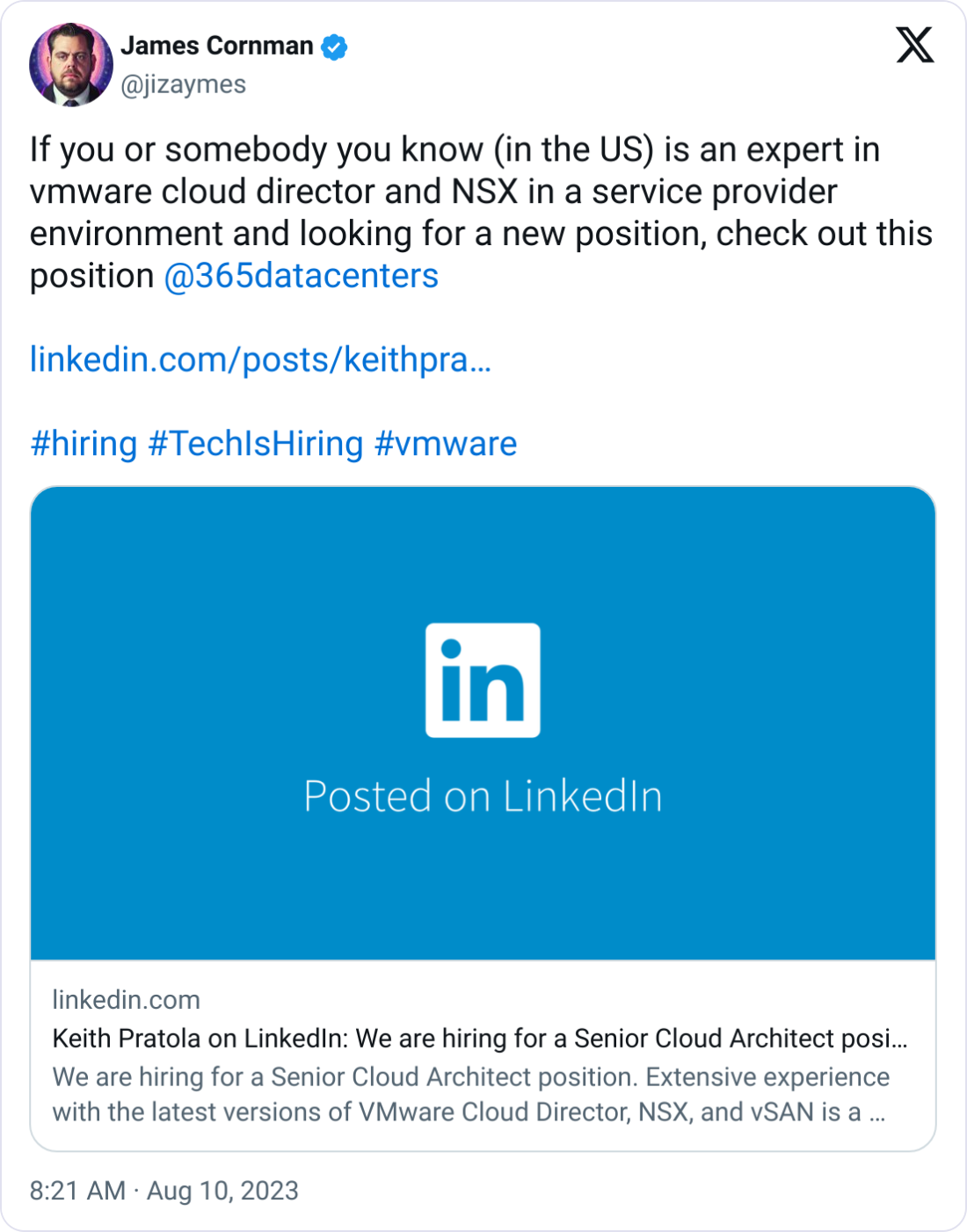 James Cornman @jizaymes If you or somebody you know (in the US) is an expert in vmware cloud director and NSX in a service provider environment and looking for a new position, check out this position  @365datacenters    https://linkedin.com/posts/keithpratola_we-are-hiring-for-a-senior-cloud-architect-activity-7095365810767978496-l0-o  #hiring #TechIsHiring #vmware