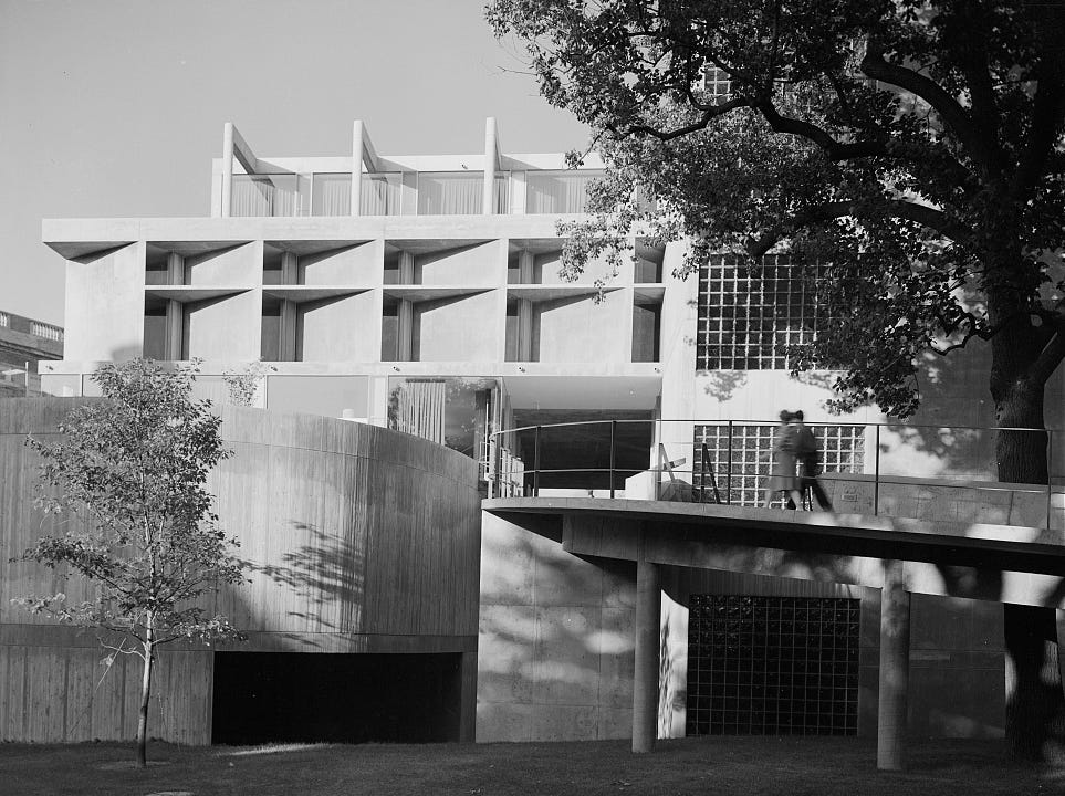 Black and white photo of a ramp leading up to the Carpenter Center