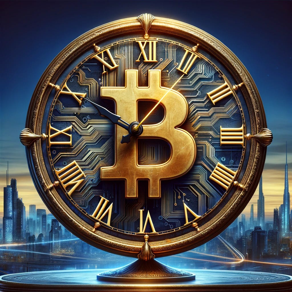 A symbolic image representing the concepts of Bitcoin and time. The centerpiece is a large, ornate golden clock with Bitcoin symbols (the letter B with two vertical lines through it) instead of numbers. The clock's hands are dynamically shaped, resembling digital circuitry to represent the digital nature of Bitcoin. In the background, there's a futuristic cityscape, symbolizing progress and modernity. The sky is a twilight hue, blending blues and purples, indicating the passage of time. The overall atmosphere is mysterious yet technologically advanced.
