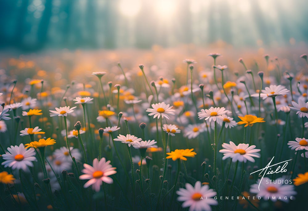 Photo of field of multi-colored daisies through misty filtered sun and soft blue light with no sky