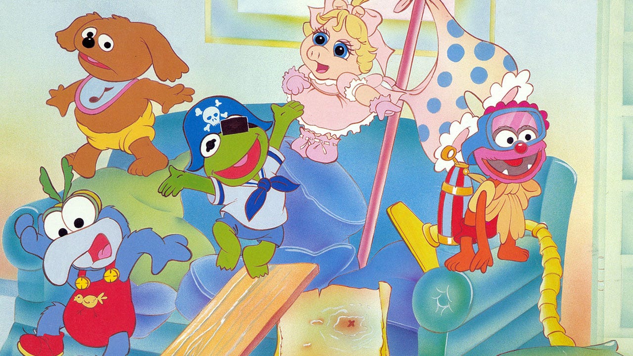 Muppet Babies original de 1984, com Caco o Sapo, Animal, Gonzo, Miss Piggy e Rowlf o Cão