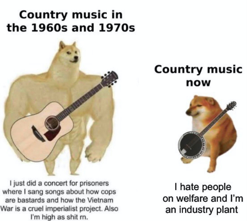 Meme comparing country music on the sixties with country music today abput how it used to be good and political and is now conservative industry plants