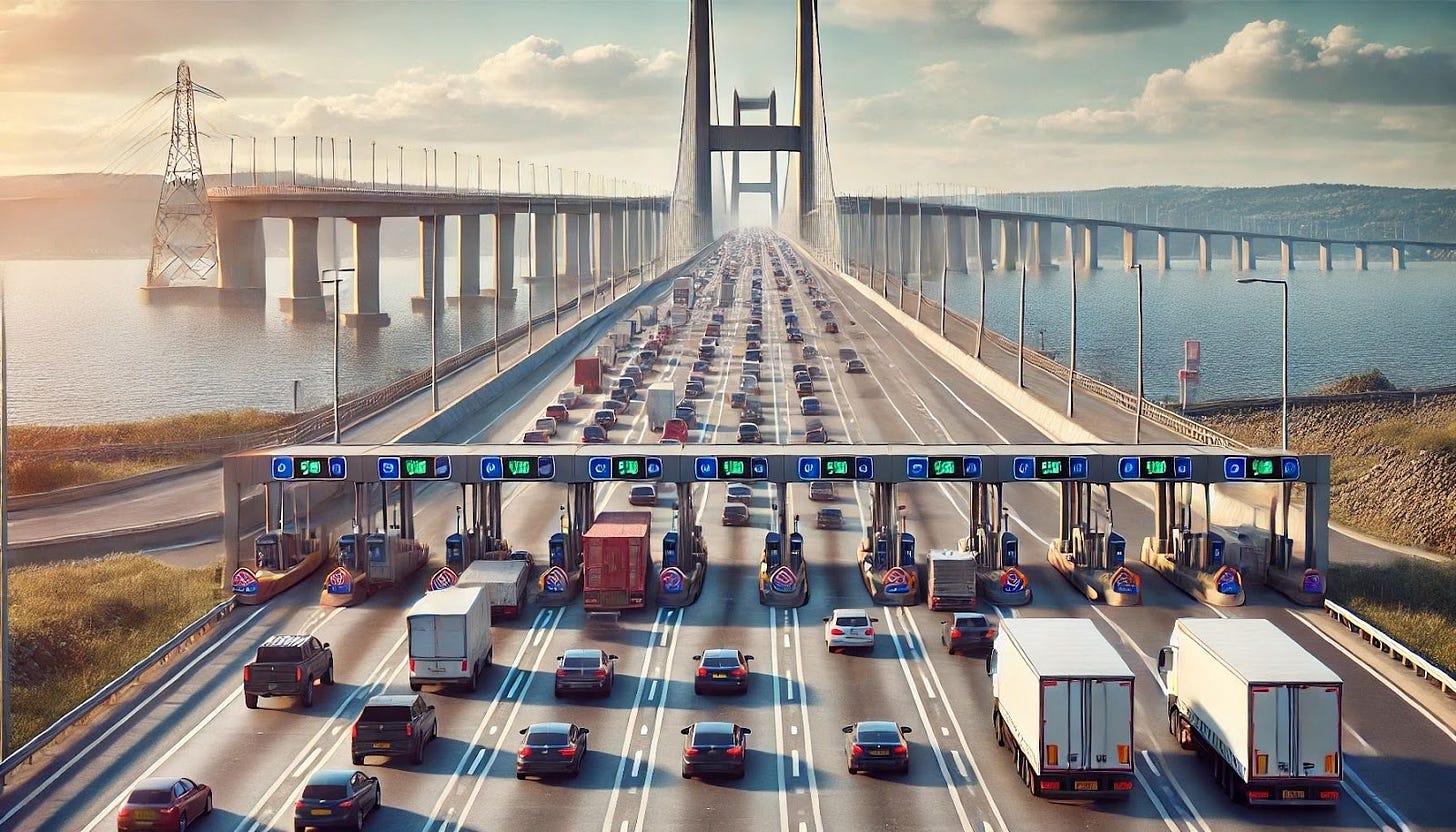 A generated image of a wide motorway that is very congested. In the foreground is a tollgate, and in the distance, a suspension bridge.