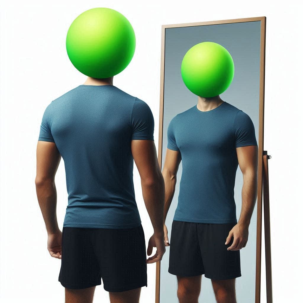 Photo of an attractive man wearing a well-fitting untucked blue t-shirt and black shorts.  He stands directly in front of a tall mirror, facing it.  The man has a basic bright neon green sphere instead of a normal head. The viewer of the photo sees the correct reflection of the man (including the green sphere) from the appropriate angle, considering the positions of the man and the mirror.