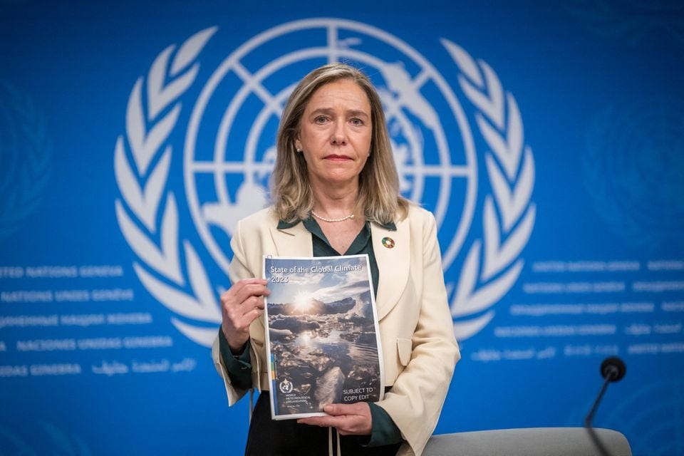 World Meteorological Organization (WMO) Secretary-General Celeste Saulo posed with the WMO's 2023 global climate report prior to a press conference in Geneva on Tuesday.