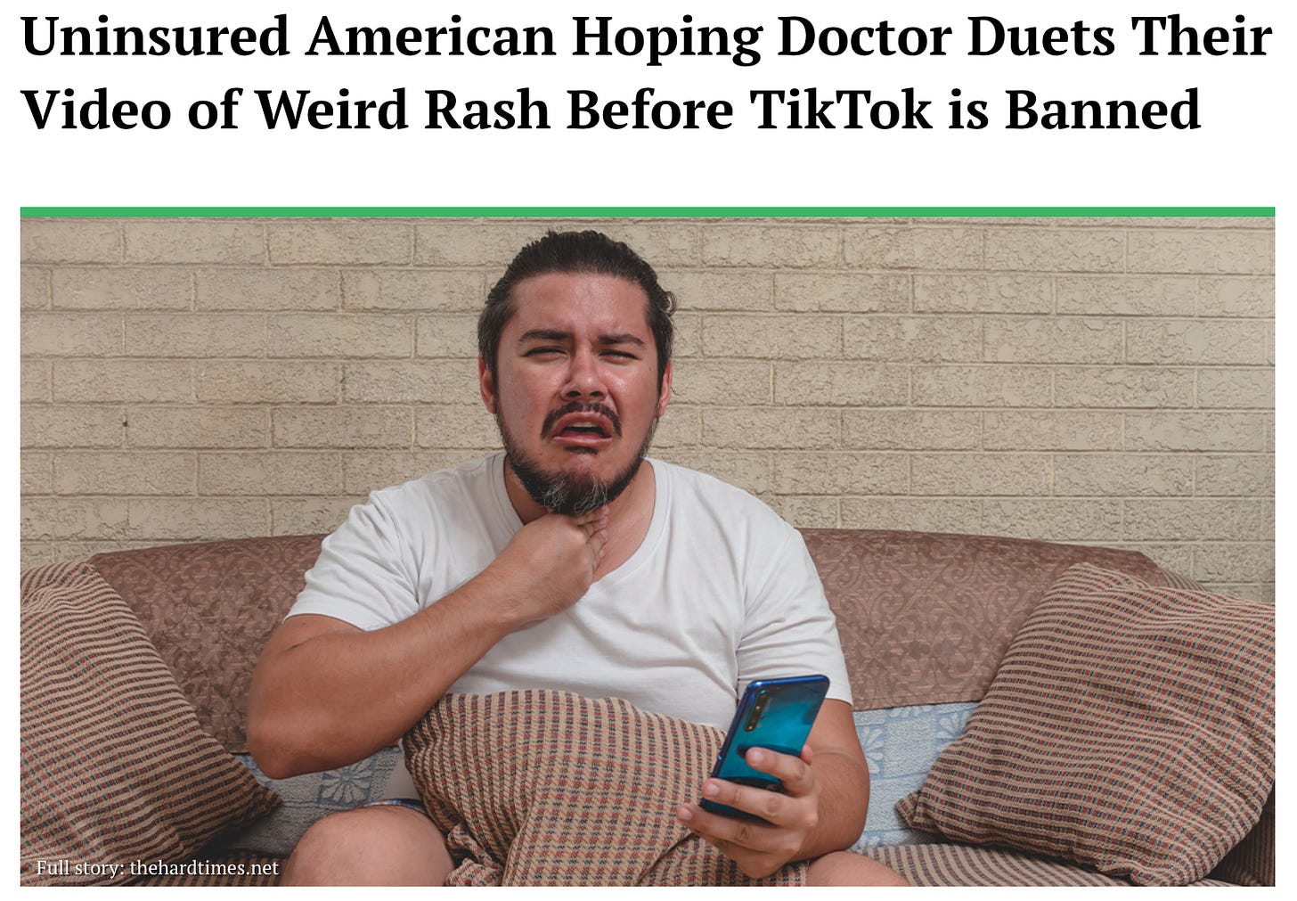 Image of headline from Hard Times, plus featured image of guy on his couch holding his hand to his neck, concerned