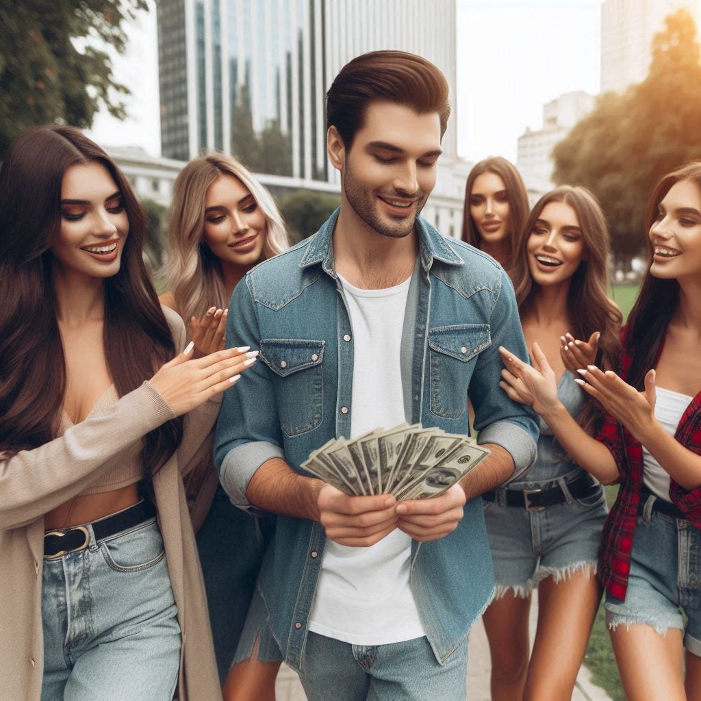 A group of beautiful women walking in a park in a big city, happily giving a lot of money to a handsome man