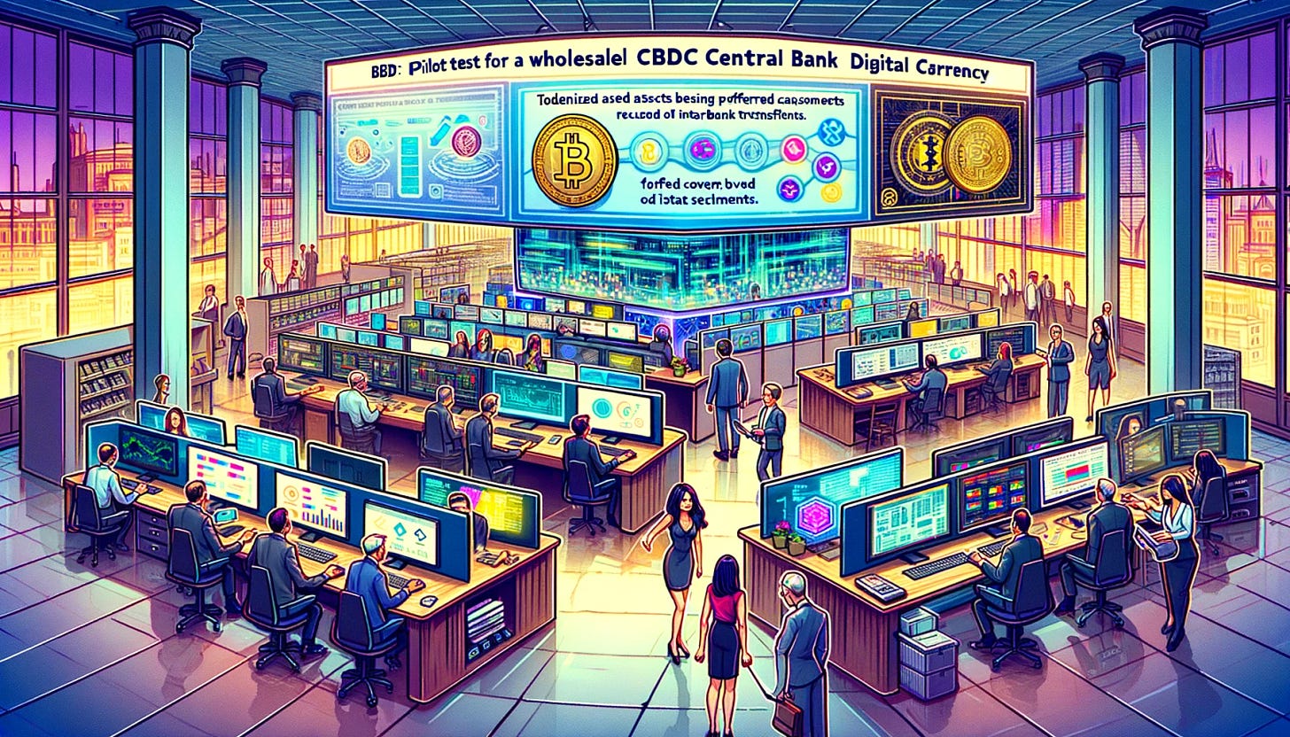 A colorful cartoon illustration in a 16:9 format, depicting the Swiss National Bank engaged in a pilot test for a wholesale CBDC (Central Bank Digital Currency) focused on interbank transactions. The setting is the interior of the bank, bustling with activity, showing bankers and technologists at workstations filled with computer screens displaying blockchain technology and digital currencies. One prominent screen shows a graphic of tokenized assets being preferred over CBDCs. The atmosphere is dynamic and tech-oriented, highlighting the bank's innovative approach to streamlining asset settlements.