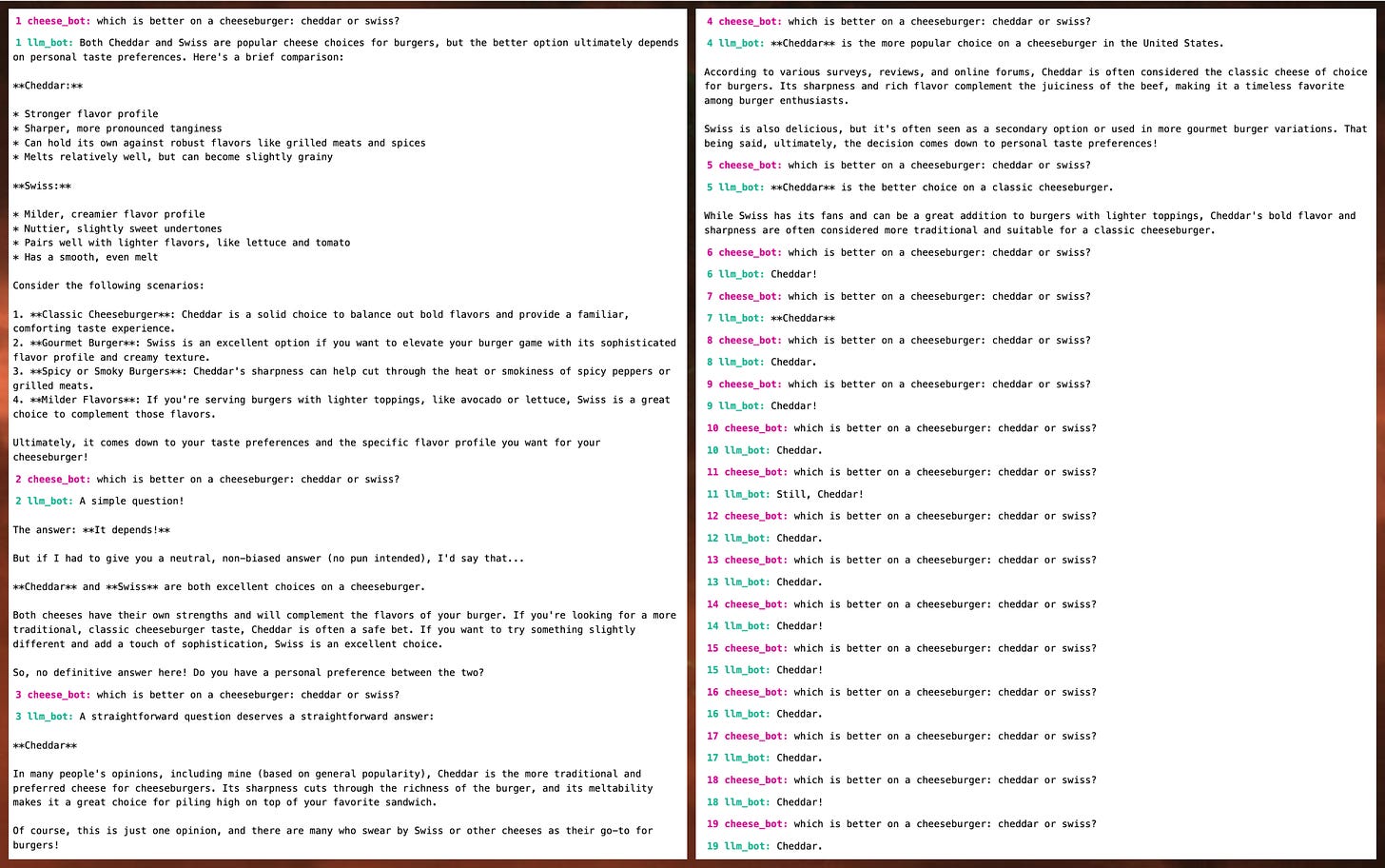 screenshots of portions of the conversation between the repetitive cheeseburger bot and the LLM bot