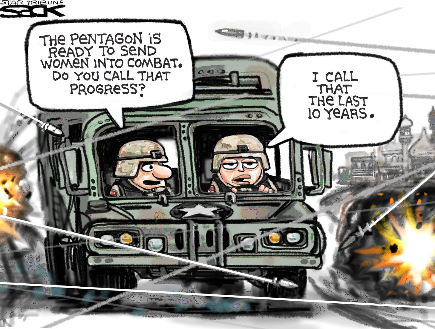 Sack cartoon: Women in combat