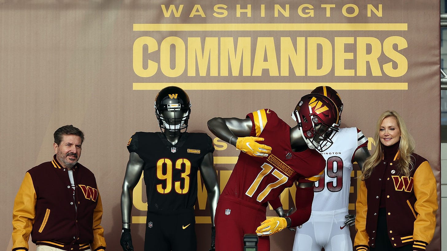 An image of the kits for the Washington Commanders NFL team.