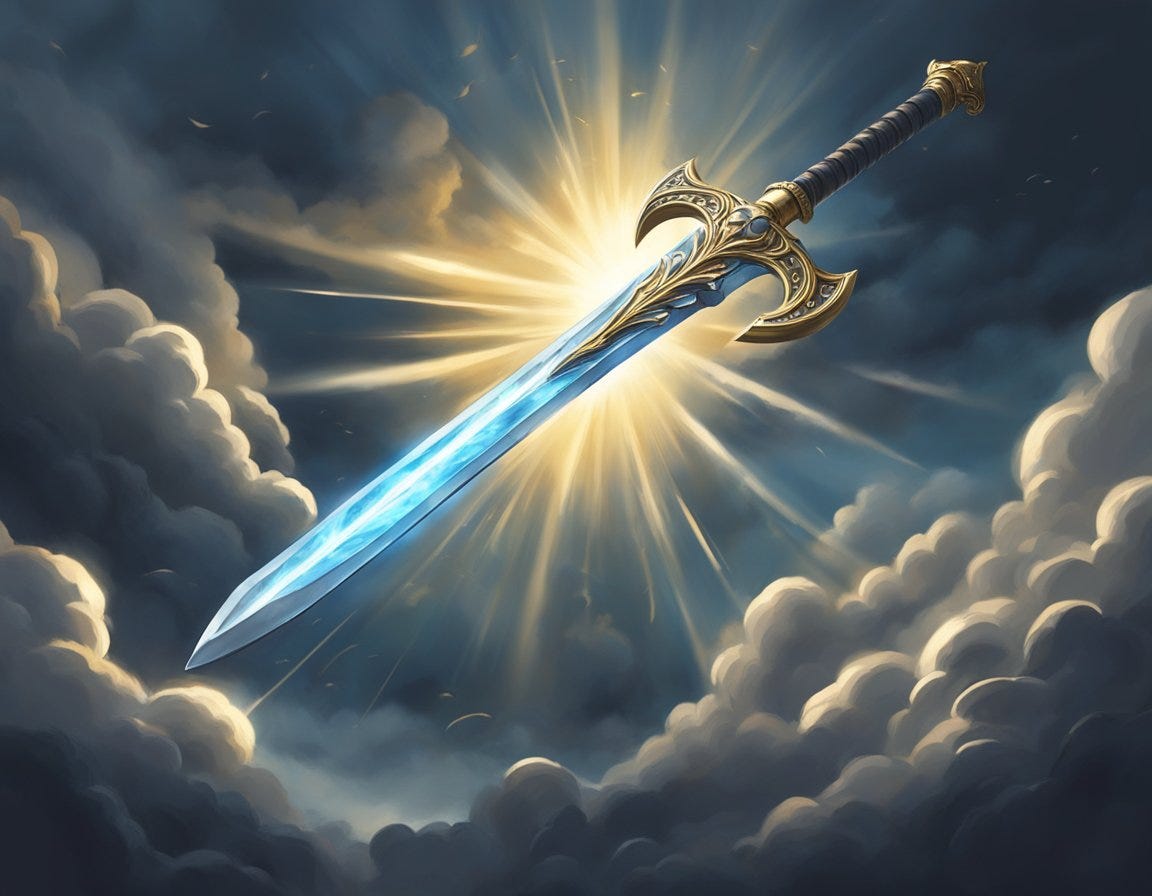 A radiant sword of truth pierces through a dark cloud, casting out shadows and revealing victory in a spiritual battle