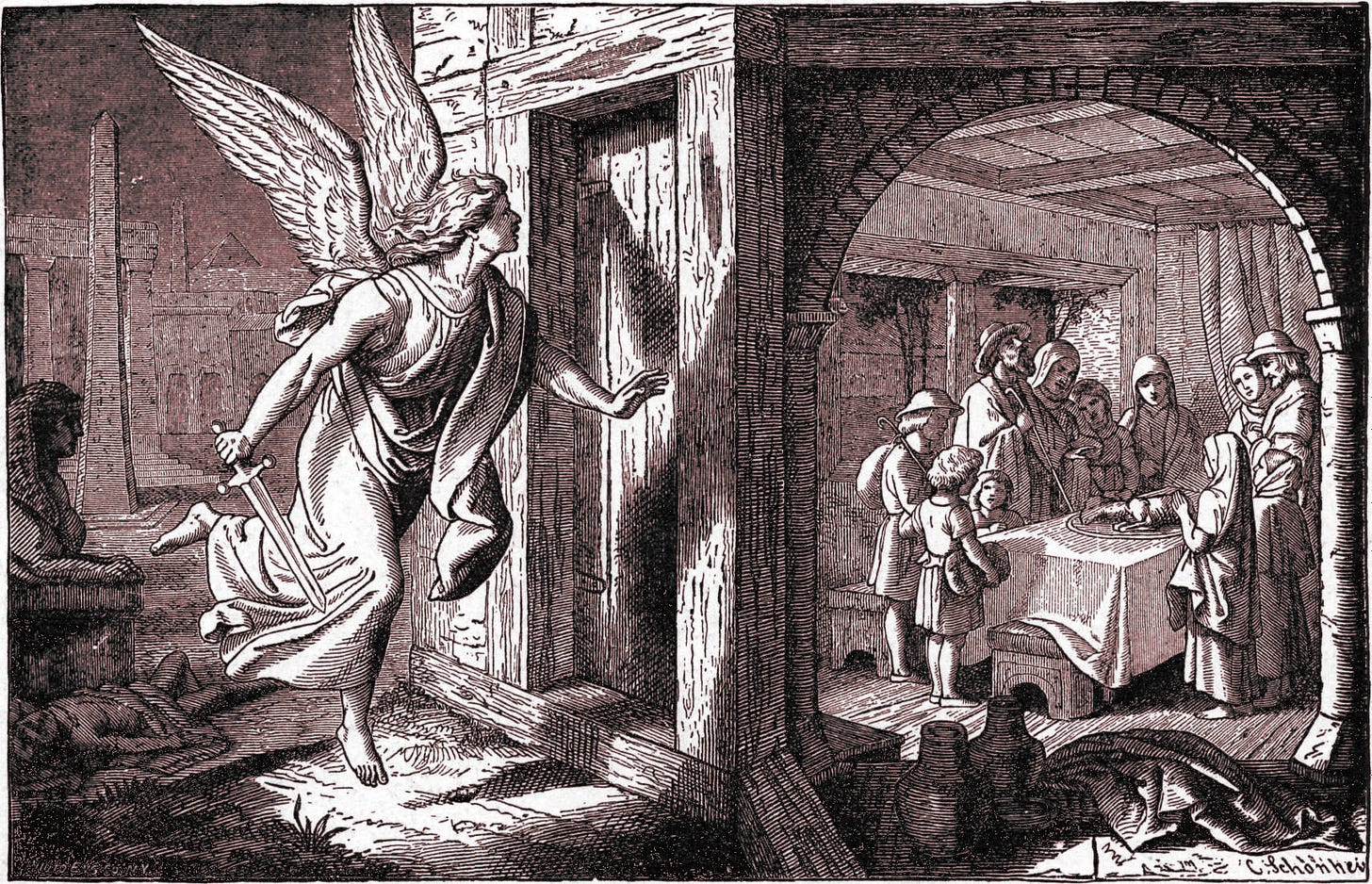 Illustration of an angel carrying a sword approaching a house with people eating inside