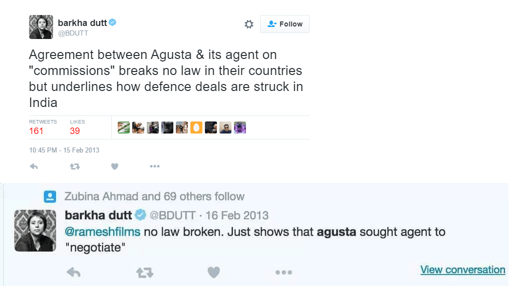 Barkha Dutt Tweets in 2013 on Agents of Agusta