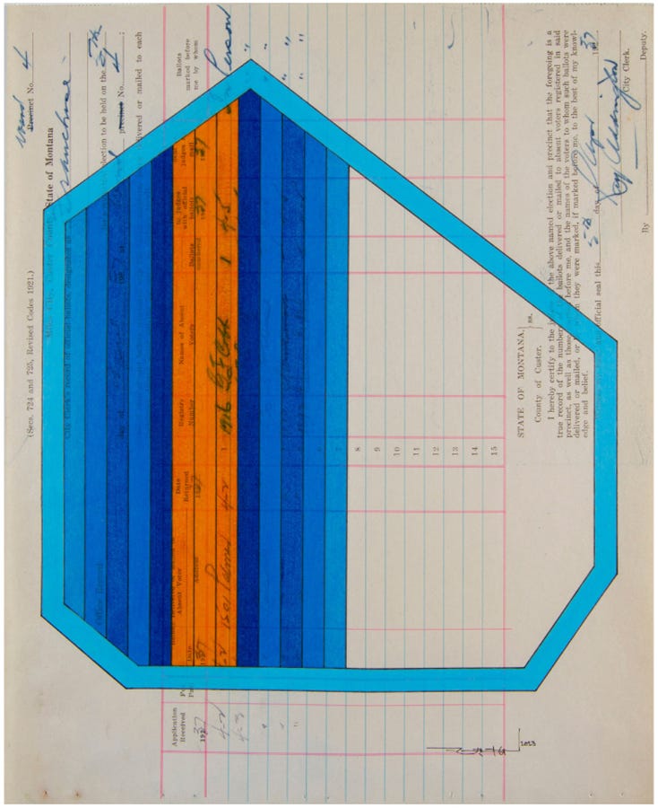 Terran Last Gun, Ancient Lands Scattered, (ink and colored pencil on antique “Miles City, Custer County, State of Montana, record of official ballots” ledger sheet (dated 1937)), 2023 [Good Luck Gallery, Kalispell, MT. © Terran Last Gun]