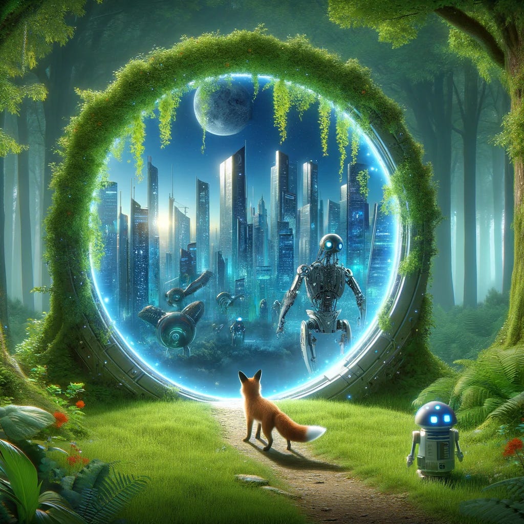 A magical portal opening in a lush, green forest, revealing a glimpse into a futuristic city where robots and humans coexist. A curious fox stands at the edge of the portal, looking into the city with wonder. The scene blends elements of nature with advanced technology, highlighting the contrast between the natural world and human innovation.