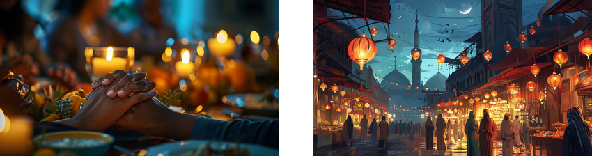The image is divided into two scenes. On the left, a warm, candlelit gathering shows people holding hands over a table adorned with a Thanksgiving-style feast, suggesting a moment of gratitude and connection. On the right, a vibrant evening market scene is depicted, with people walking through an outdoor bazaar decorated with hanging lanterns and festive lights, set against a backdrop of traditional architecture under a crescent moon and starry sky.