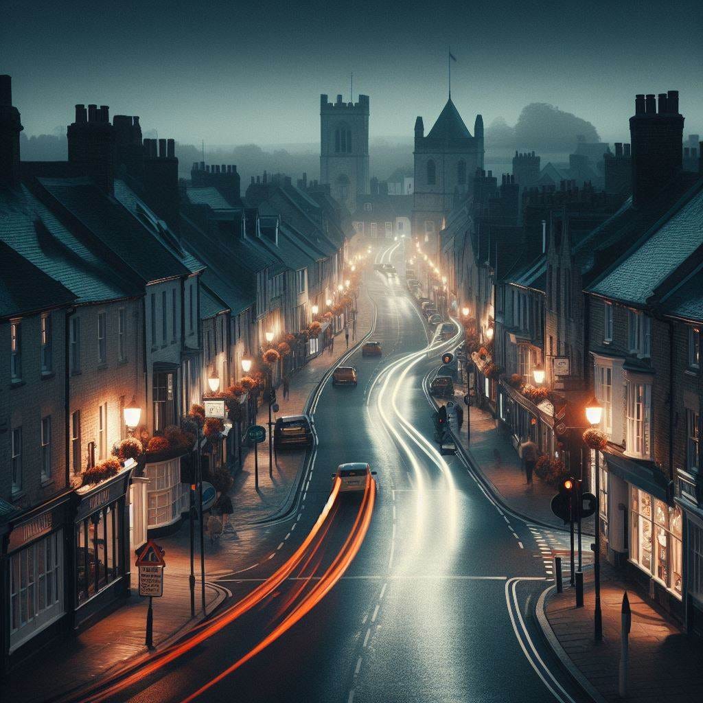 driving through an english town late at night