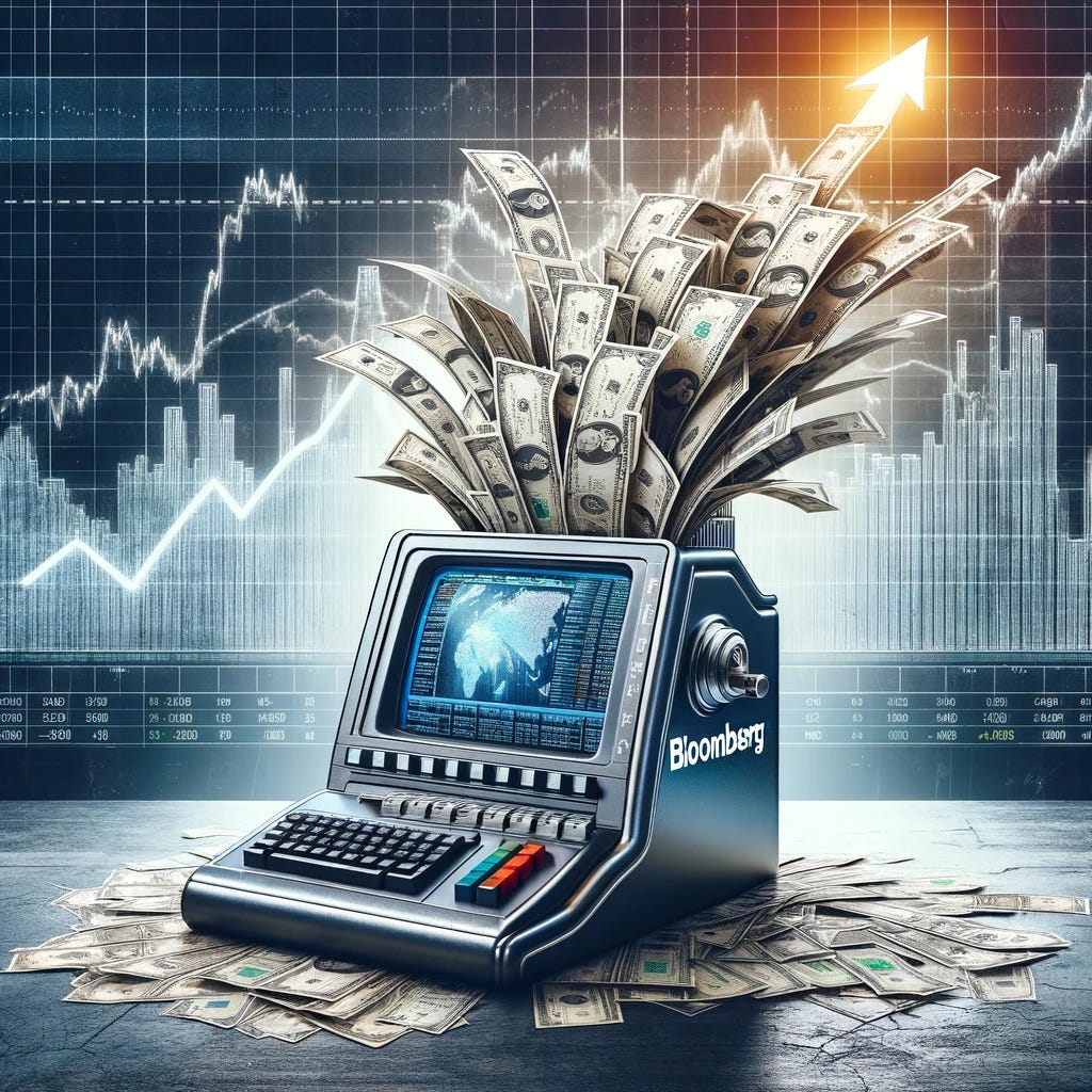 A creative representation of Bloomberg Media as a successful subscription service for individuals. The central focus is a Bloomberg terminal, artistically transformed into a money-making machine, emitting a stream of banknotes. The terminal is sleek and modern, placed prominently in the foreground. Behind it, a background symbolizing growth and success, such as rising graphs or a flourishing cityscape, subtly emphasizing the theme of financial prosperity and expansion. The color scheme is elegant and business-like, with a hint of luxury to represent the high value and prestige of Bloomberg's services.