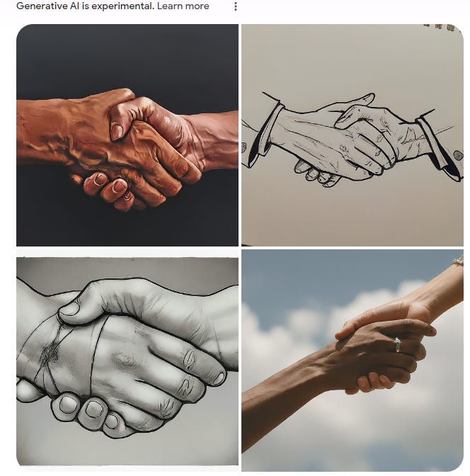 Four-image grid of a handshake from Imagen