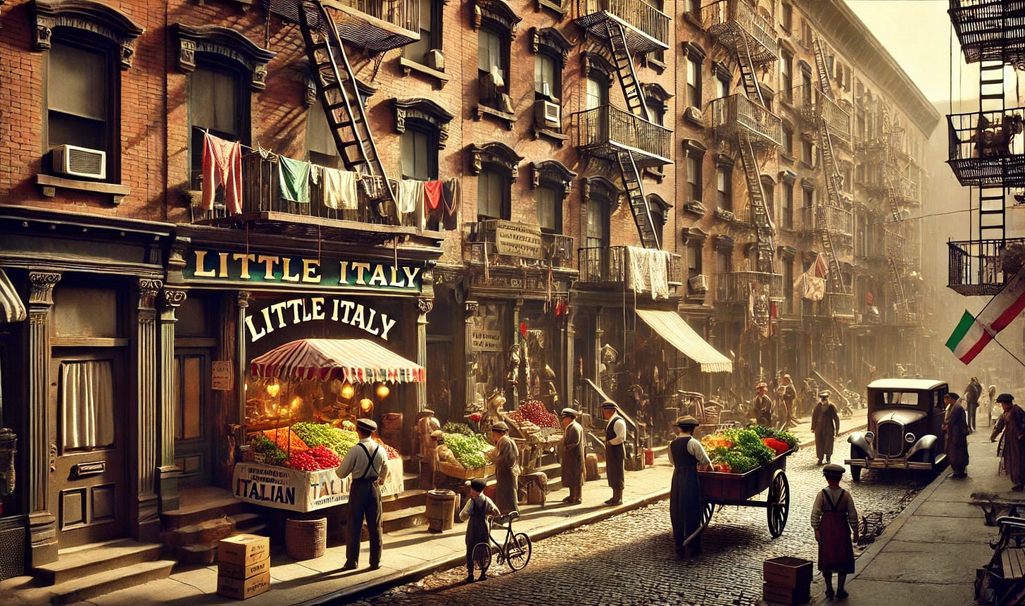 A ChatGPT-generated image of New York City's Little Italy in 1900. There is a storefront with two signs that say, "Little Italy." Other storefronts have unreadable, nonsensical text. Two Italian flags are inaccurate for 1900 because their stripes are horizontal instead of vertical and they are missing arms of Savoy and crown. Clothes drying on a clothesline are red, white, and green like the flag. There is an air conditioner in an apartment window.