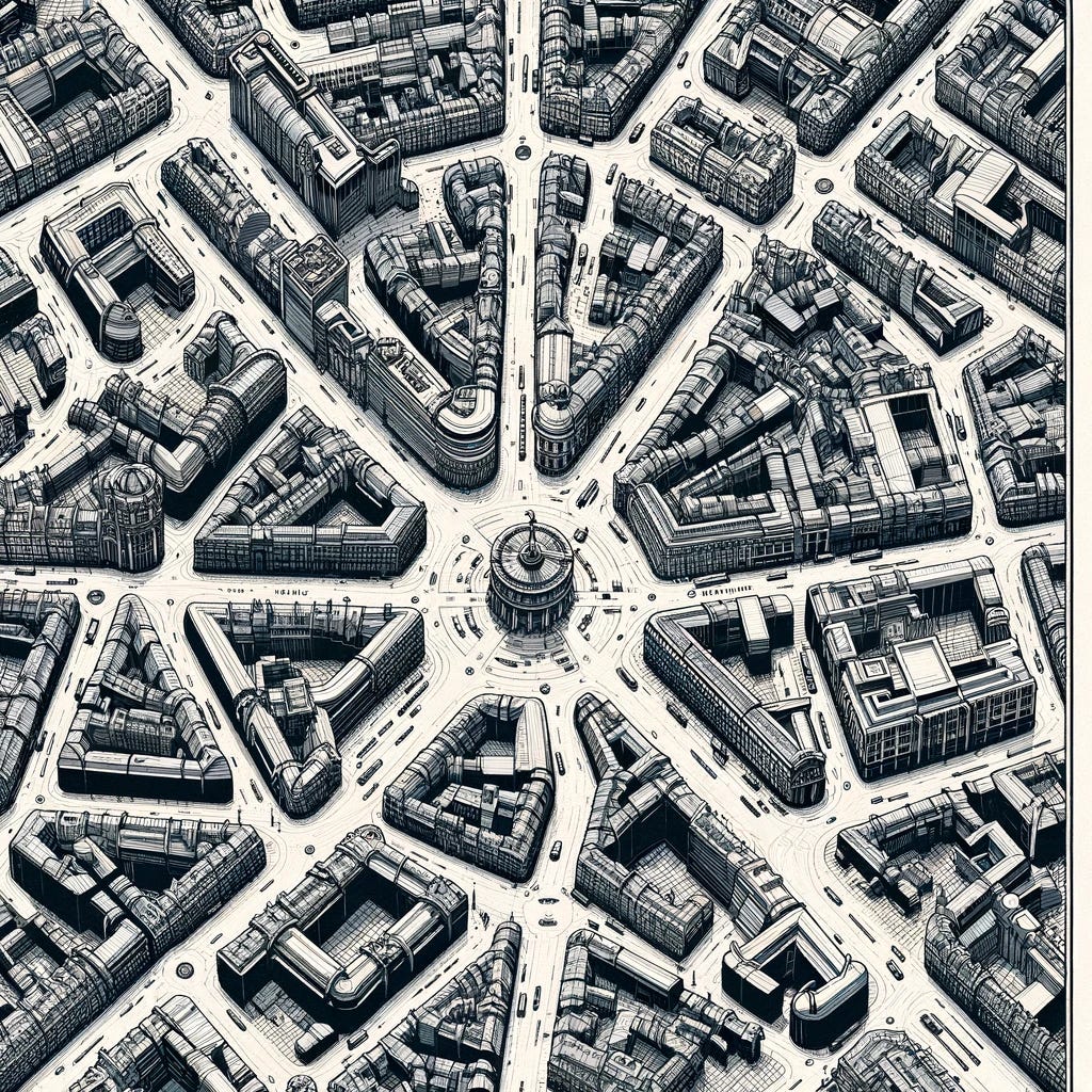 Aerial view illustration of the labyrinthine jumble of streets that make up Charing Cross in London. The image should depict a detailed and intricate network of streets, showcasing the complex urban layout from above. The streets should be depicted in varying widths, with some landmarks subtly included to give a sense of location. The style should be clean and detailed, suitable for a map or urban planning document. The illustration should use a monochrome palette to emphasize the patterns and structure of the street layout.