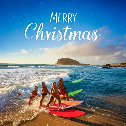 AI prompt: A merry Christmas on the beach with surfers riding waves