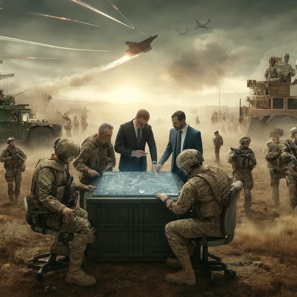 A powerful image depicting a military partnership with industry, but now set on a battlefield. The scene shows military officers in camouflaged uniforms and industry executives in rugged business attire, gathered around a rugged portable table with a digital display showing maps and data. The environment around them is a realistic battlefield with muted earth tones, scattered equipment, and distant explosions, emphasizing the urgency of their collaboration. The background integrates the harsh battlefield setting with the theme of advanced technology through visible, yet subtle, digital enhancements.
