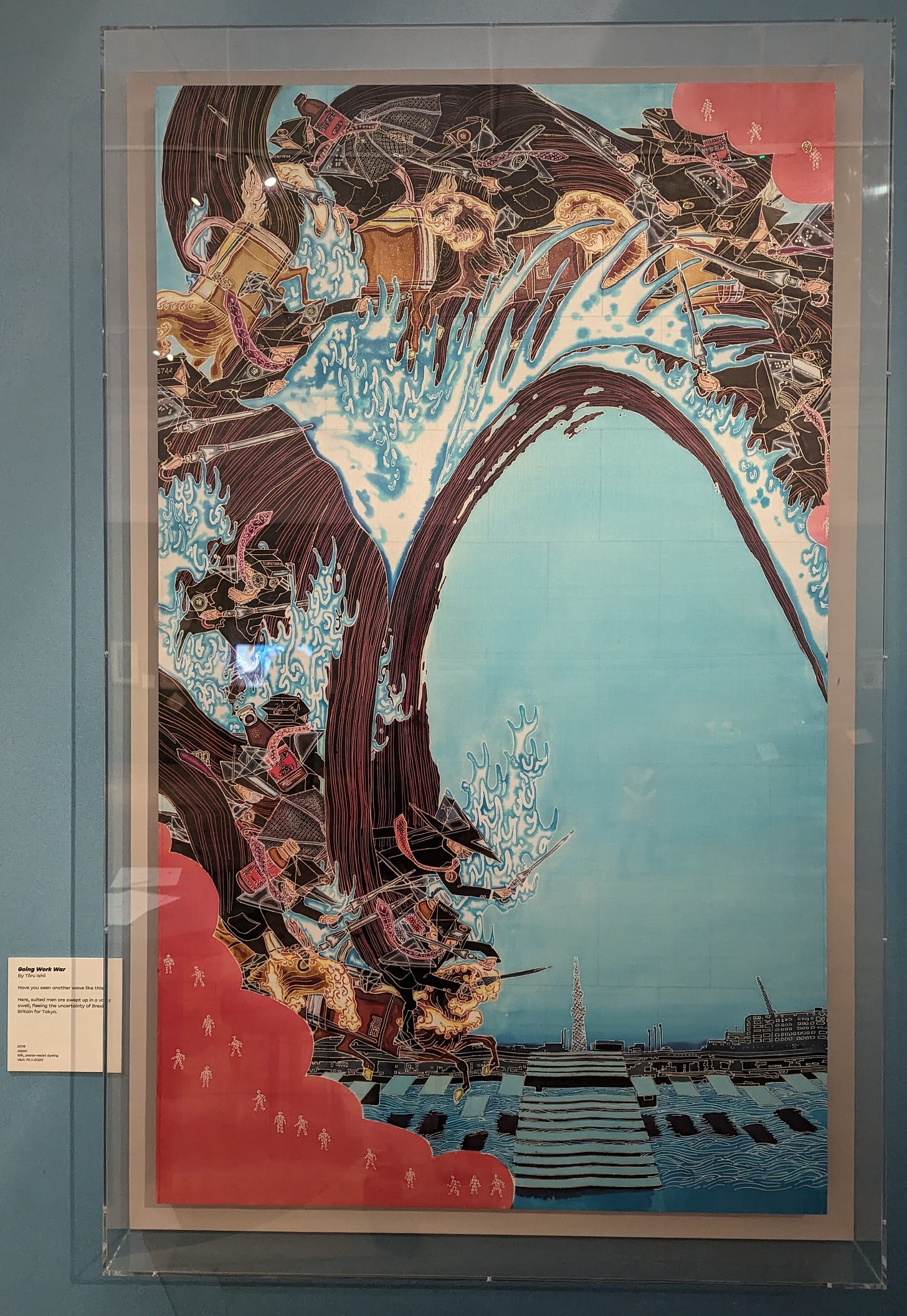 Reminiscent of The Great Wave, 'Going Work War', yuzen-dyed silk with sheet mirror backing mounted on an aluminium panel