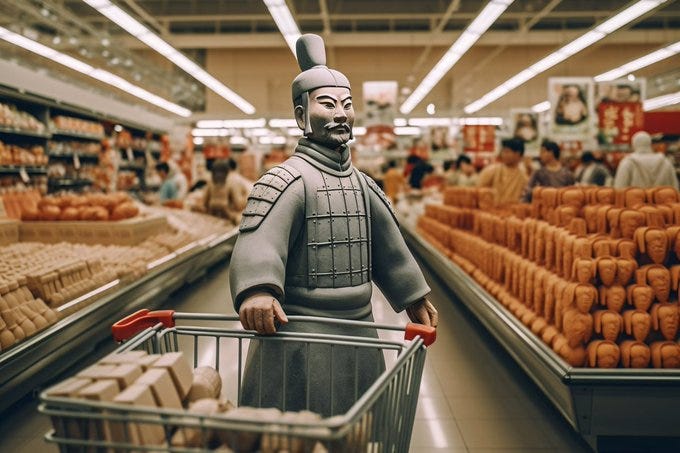 Prompt: ''A real terracotta warrior pushing a cart in a supermarket. Full shot photograph. --ar 3:2''

Inspired by the idea of u/stopwatchsparrow on reddit. 