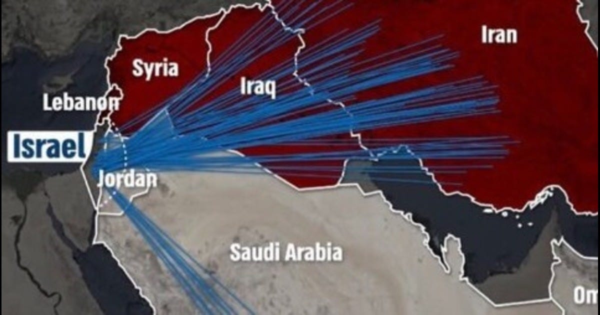 Public Domain map showing the direction of aerial attacks from Iran and Yemen toward Israel this past weekend.