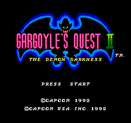 The title screen for Gargoyle's Quest II: The Demon Darkness, featuring its full name, and a logo of a stylized silhouette of Firebrand, the game's protagonist.