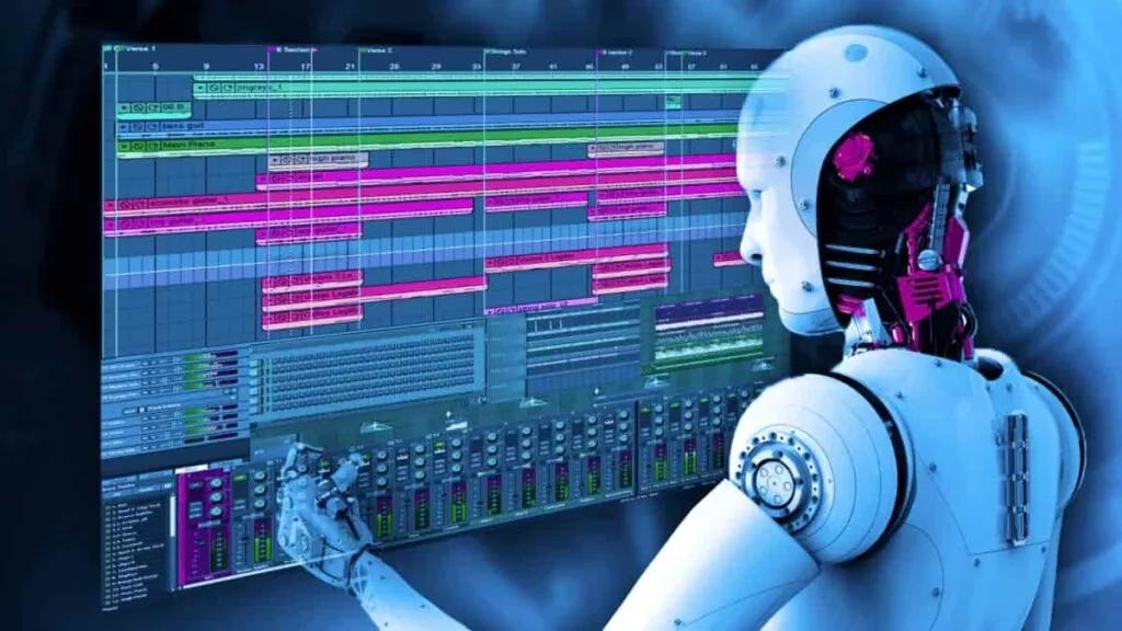 Robo mexendo em uma timeline de uma interface de audio holografica