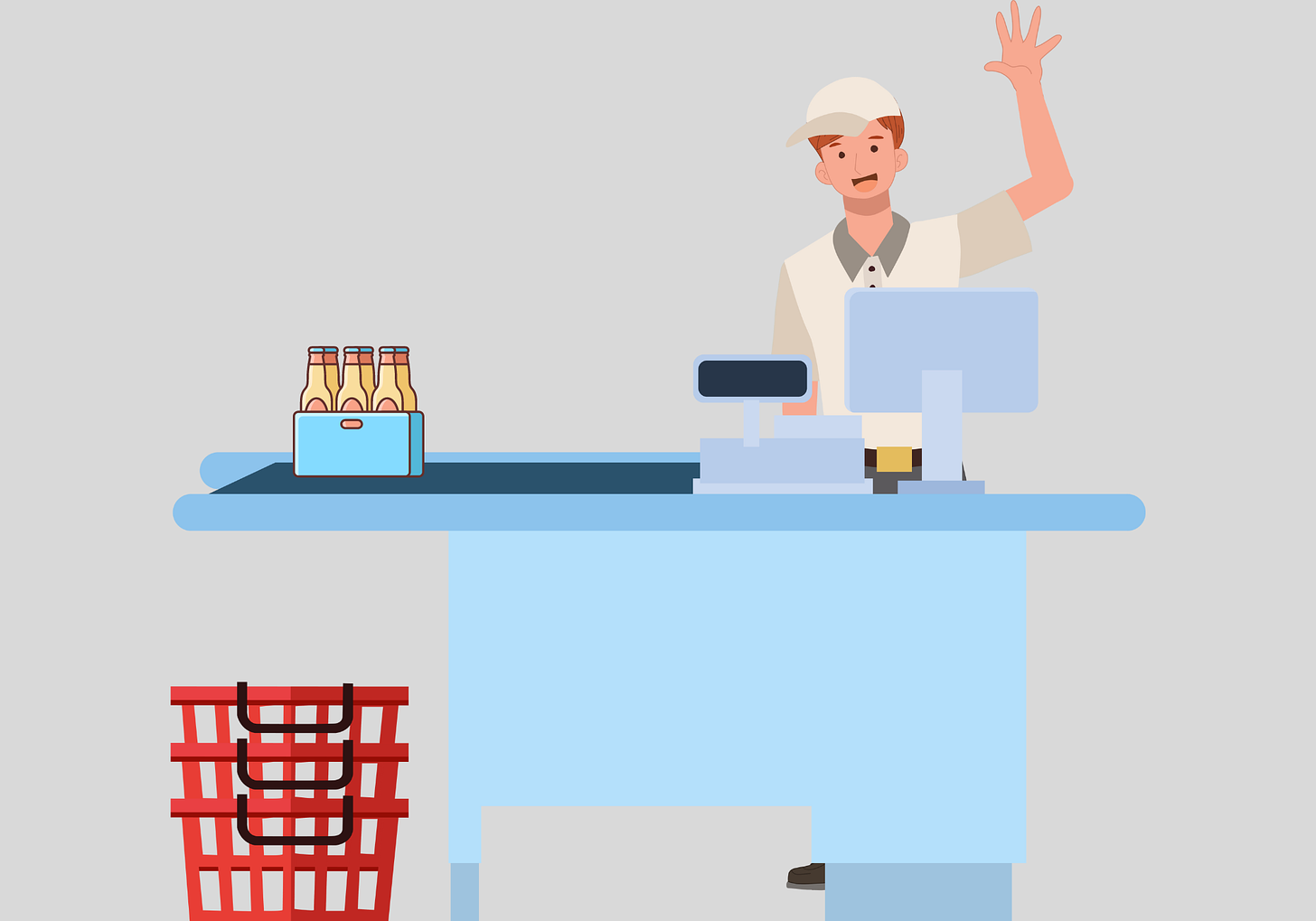 The image depicts a simplified, cartoon-style illustration of a cashier at a checkout counter. The cashier, wearing a light-colored cap and uniform, is waving with one hand while standing behind a cash register. On the counter, there is a small crate of bottles. In front of the counter, there are red shopping baskets stacked together. 