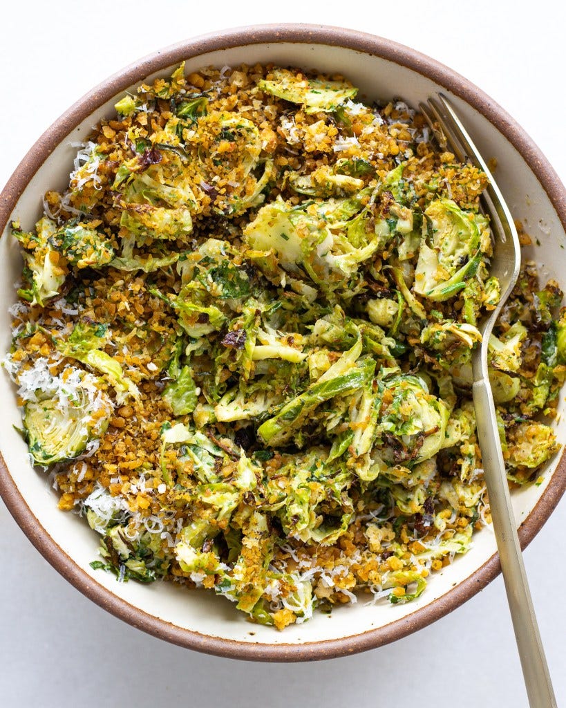 Finished Brussels Sprout Salad with Anchovy Tahini & Za'atar Chickpeas