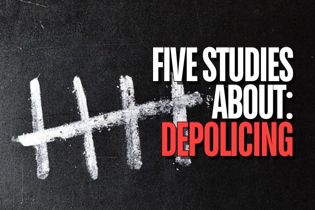 "Five Studies About: Depolicing" appears in the foreground. The background is a blackboard with five thick tally marks written in chalk.