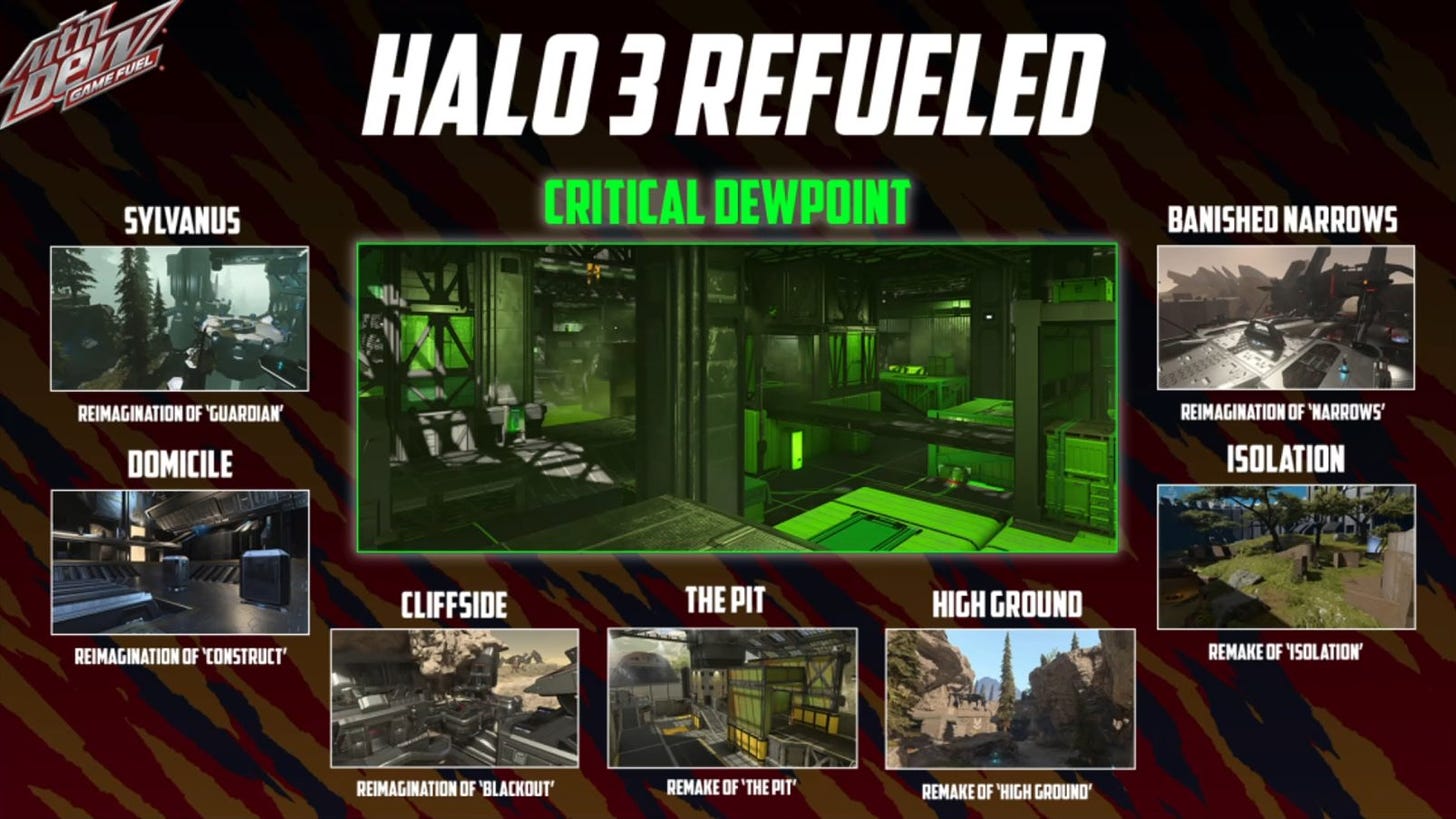 The new maps in the Halo 3 Refueled playlist: Sylvanus, Domicile, Banished Narrows, Isolation, Cliffside, The Pit, High Ground and Critical Dewpoint.