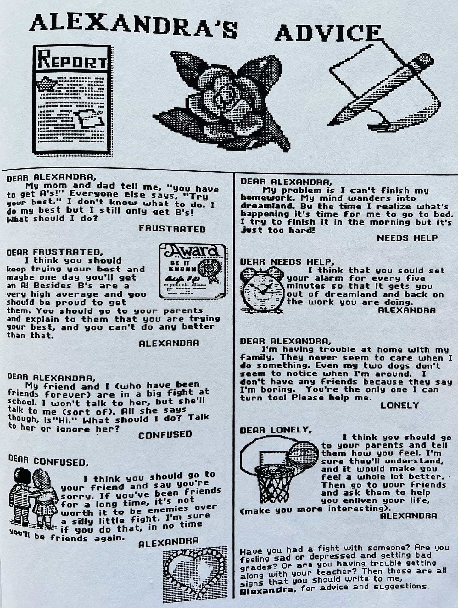 Photo from a 1991 school newspaper and the Alexandra's Advice page, where 12 year old Jen wrote advice to her (mostly fictional) classmates.