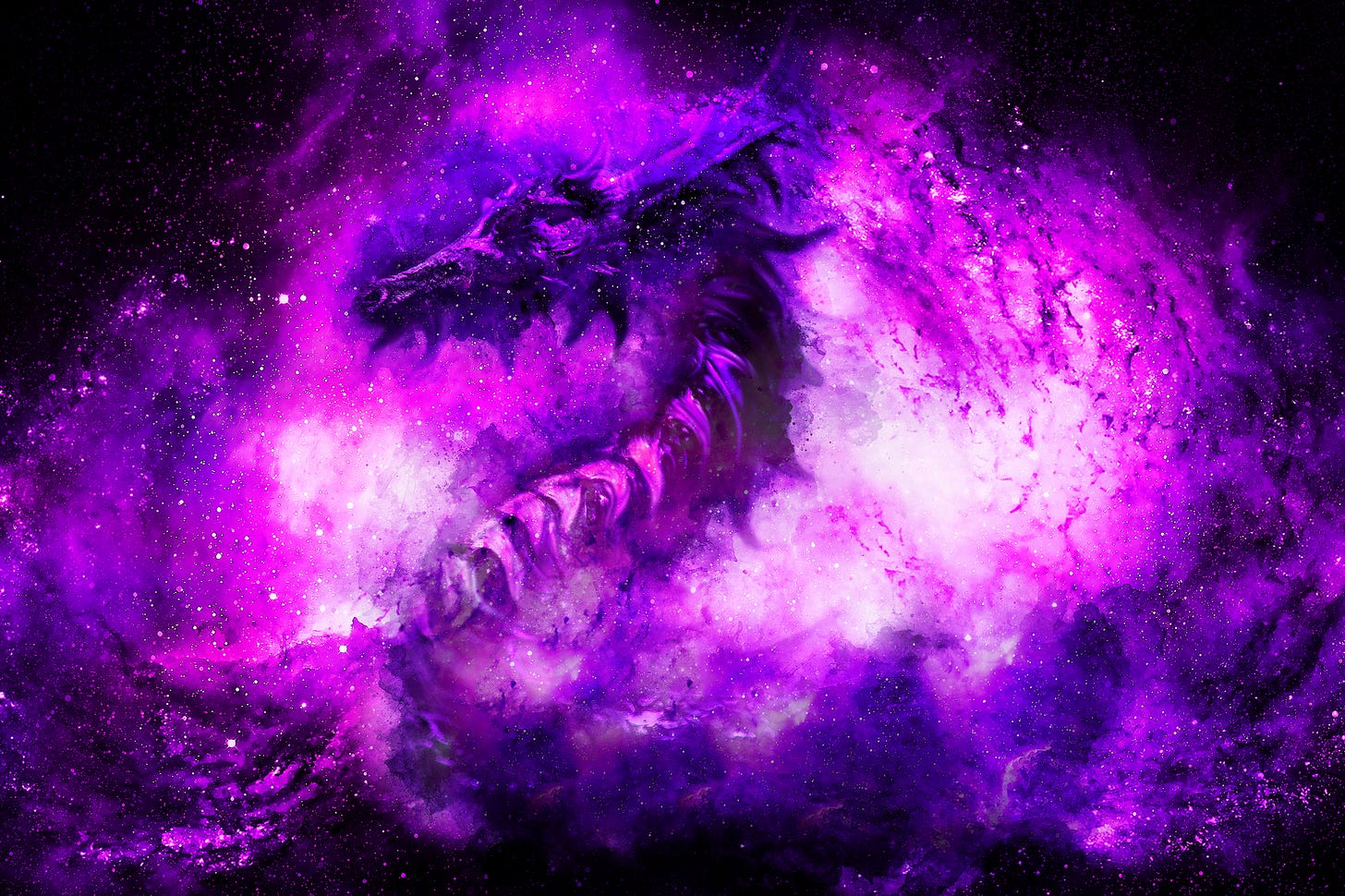 Swirling purple clouds around a dragon