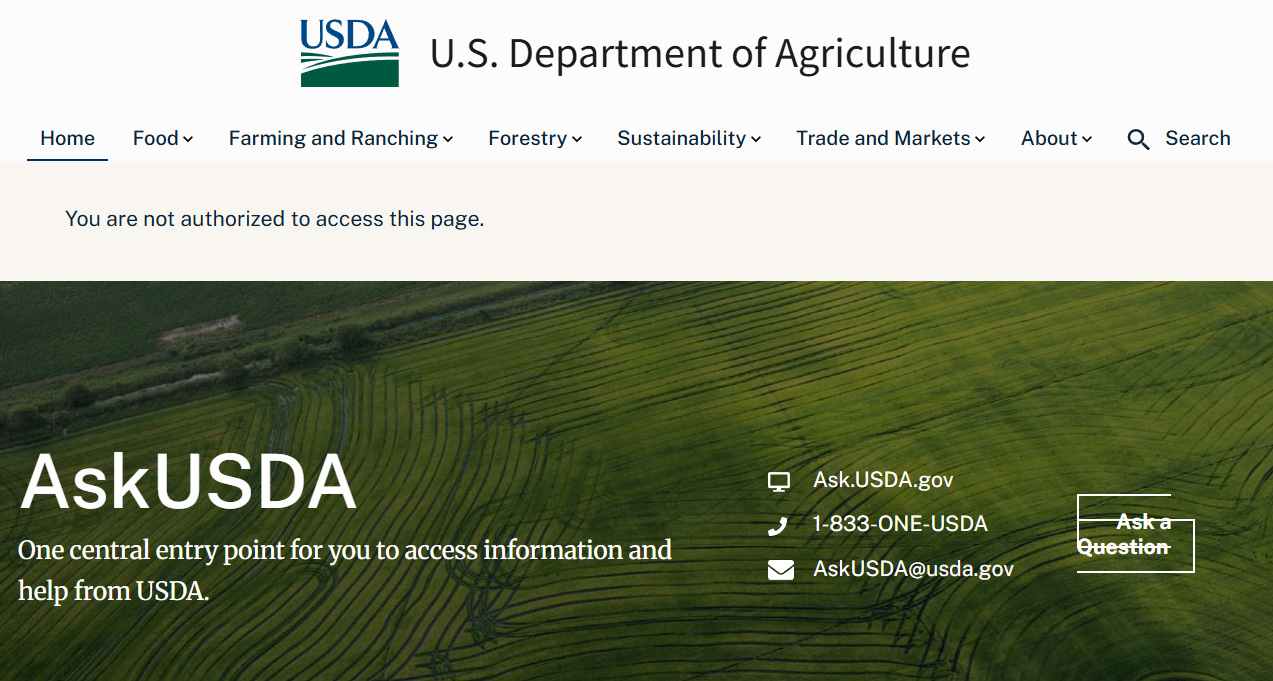 Screenshot of the USDA website displaying the message "You are not authorized to access this page," suggesting recent restrictions or removals of information related to sustainability and climate-smart agricultural programs.