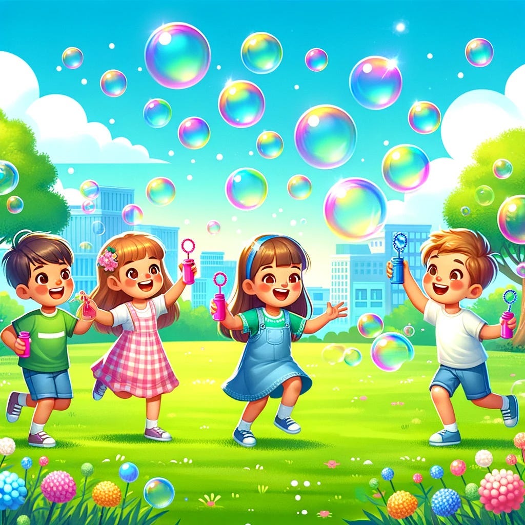 A lively scene in a park with children joyfully playing with colorful soap bubbles. The image is filled with vibrant colors, featuring kids of various ages and ethnicities, laughing and chasing large, shimmering soap bubbles under a bright blue sky. The background is a lush green park, enhancing the atmosphere of fun and exploration.