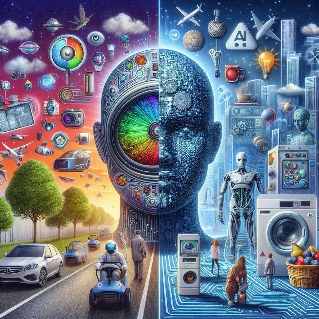 Create a surreal image that represents the dual nature of artificial intelligence in society. On one side, show futuristic AI applications like self-driving cars, smart devices, and robotic assistants. On the other side, depict a giant, high-tech washing machine symbolizing AI as a tool rather than a replacement for humans. Include visual elements representing various fields impacted by AI such as finance, art, travel, and healthcare. Use a color scheme that transitions from 