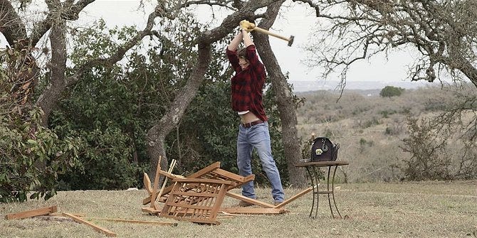 Walker Liam showing off his belly while chopping wood in lumberjack shirt. 109.