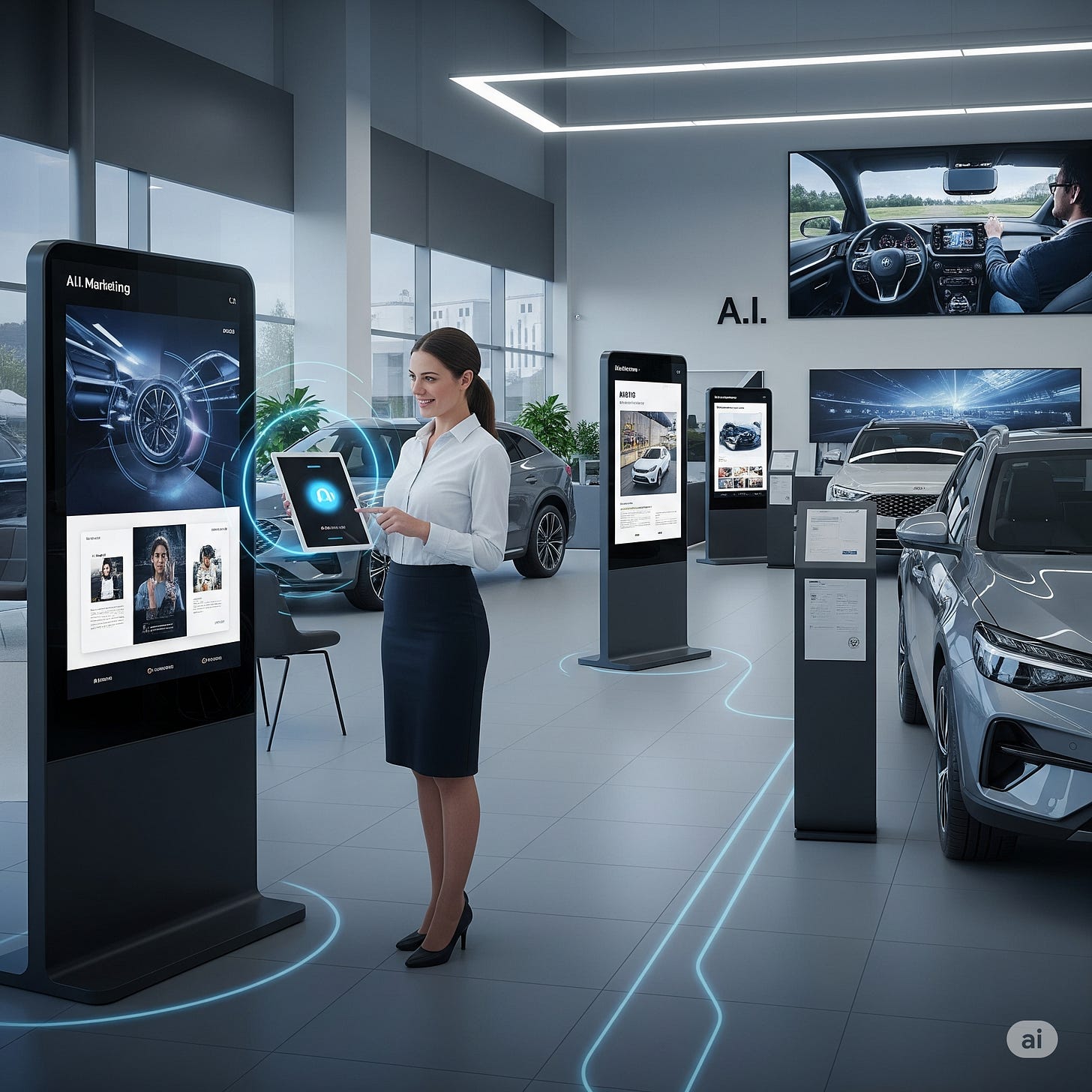 Modern auto dealership with AI technology integration and digital marketing concepts