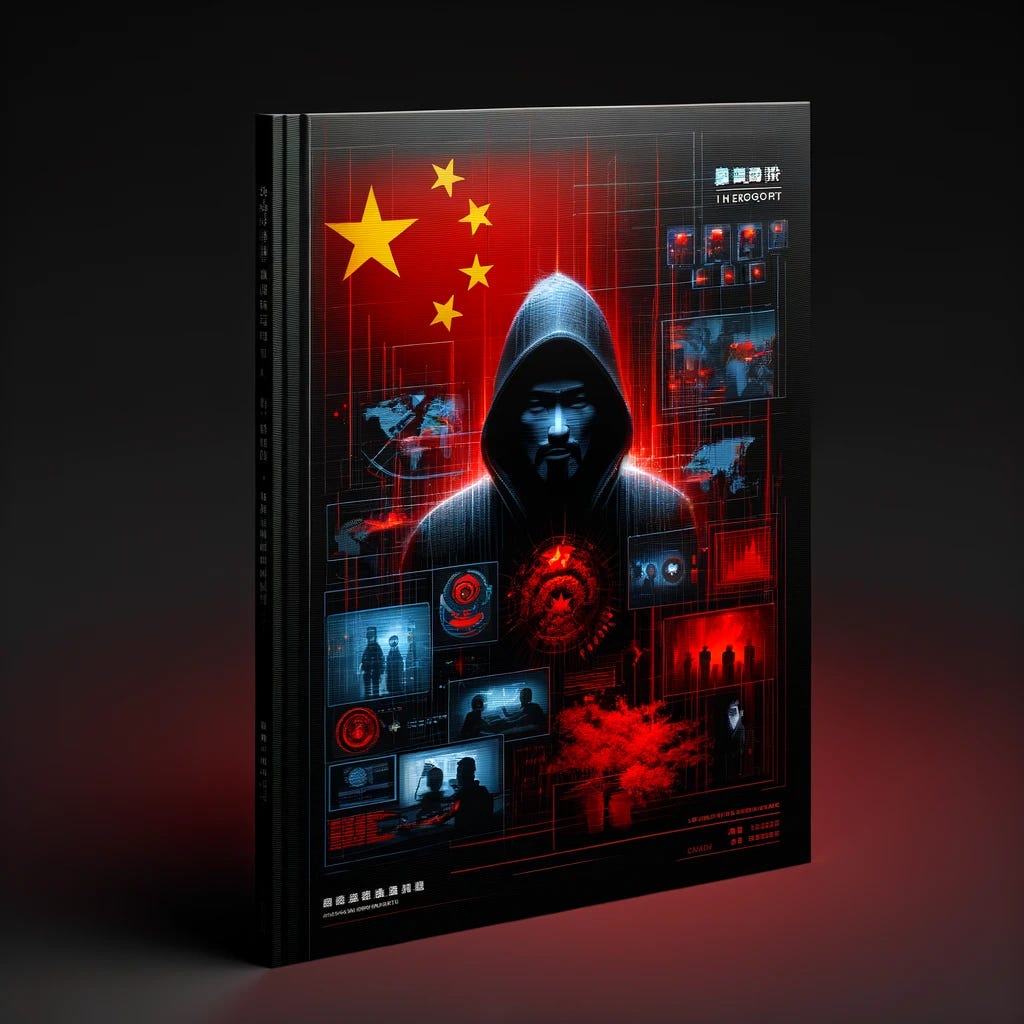 Create a 3D picture of a report cover with an intense and dramatic design, incorporating elements like the Chinese flag, digital espionage imagery, and shadowy figures. Use a dark, moody color scheme with red and black as dominant colors. Make the cover look like an investigative report, professional and intriguing, appealing to readers interested in cybersecurity and international affairs. No text should be included.