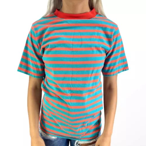 Vintage 90s Green and Orange Striped Short Sleeve T-Shirt  - Picture 1 of 8