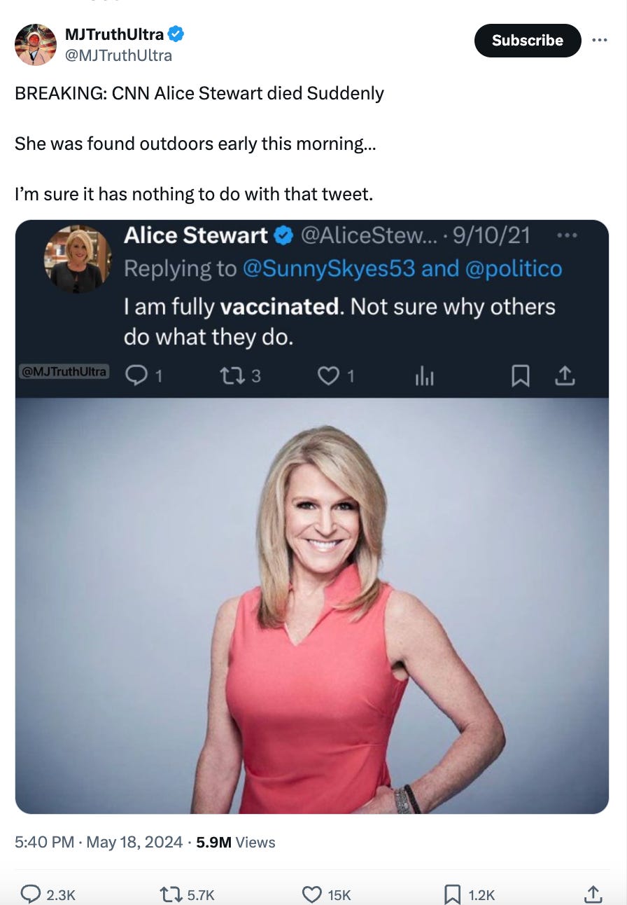 BREAKING: CNN Alice Stewart died Suddenly  She was found outdoors early this morning…  I’m sure it has nothing to do with that tweet. Screenshot of tweet from Alice Stewart that says i am fully vaccinated. Not sure why others do what they do.