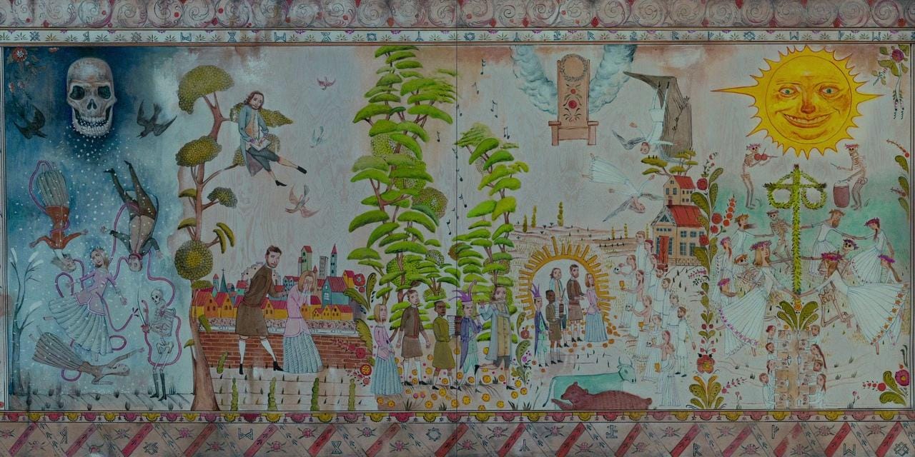 A folksky illustration on a tapestry, documenting key plot points in Midsommar